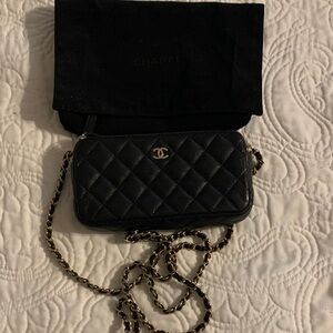 CHANEL Black Quilted Wristlet with Gold Chain